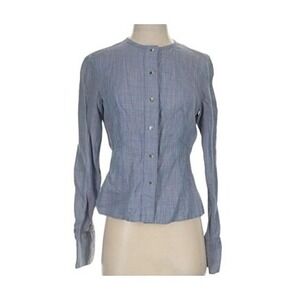 THALIAN 100% Linen Blue Striped Button Up Shirt Women Size 4.